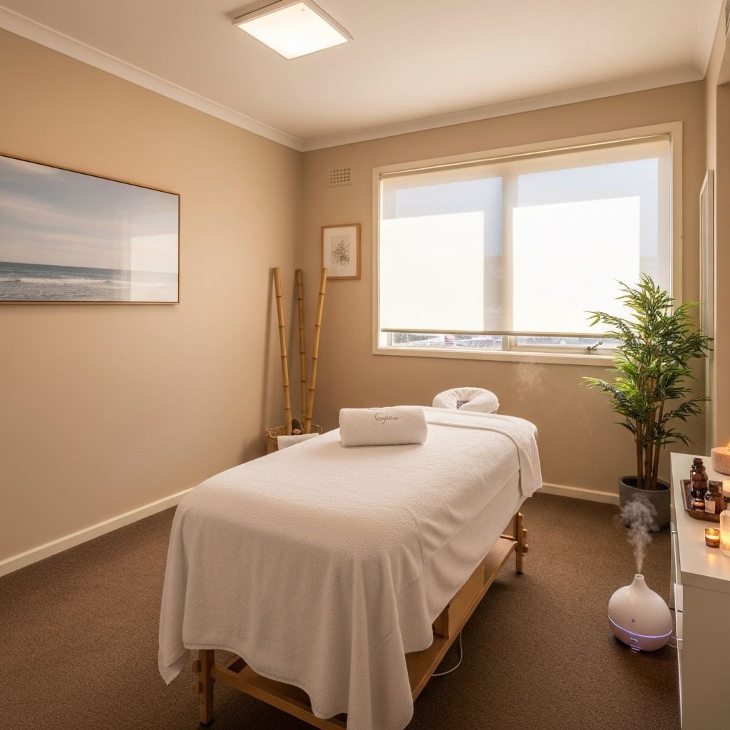Calm and welcoming massage therapy room with warm natural light in North Manly