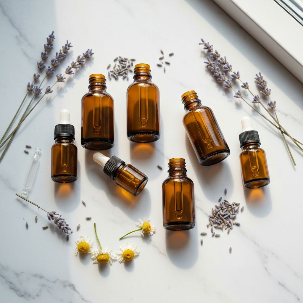 Essential oil bottles and natural herbs on white marble surface