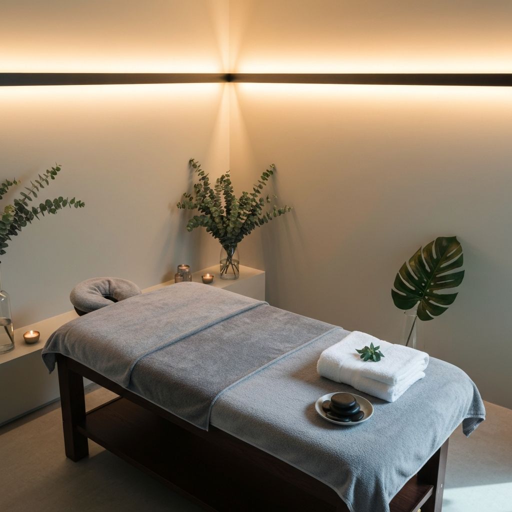 Serene massage therapy studio with white linen and warm candlelight
